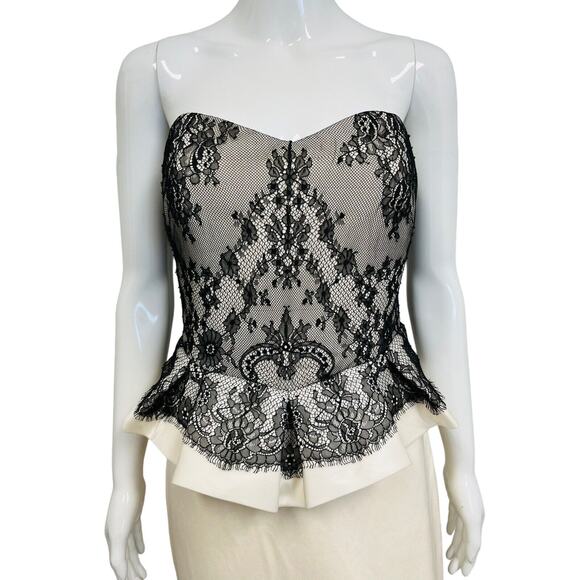 MARCHESA NOTTE Ivory Silk Black Lace Strapless Peplum Waist Maxi Evening Gown 8 - Picture 2 of 6